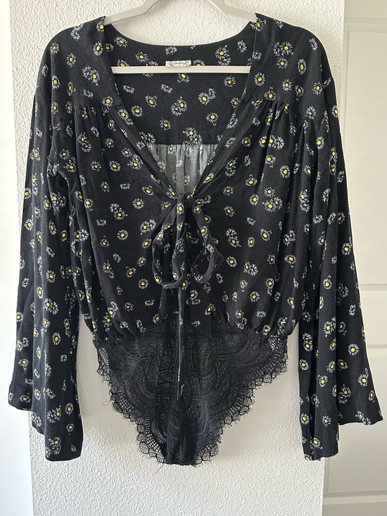 Free People Tops - Free People Tie-Front Long Sleeve Bodysuit Top